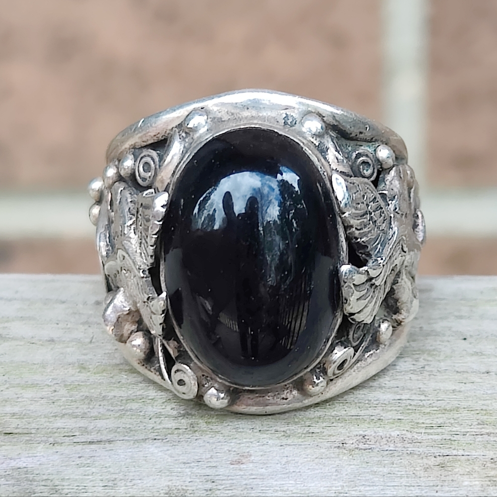 Massive Vintage Men's Sterling Silver Black Onyx Eagle Native American Ring - Picture 2 of 12